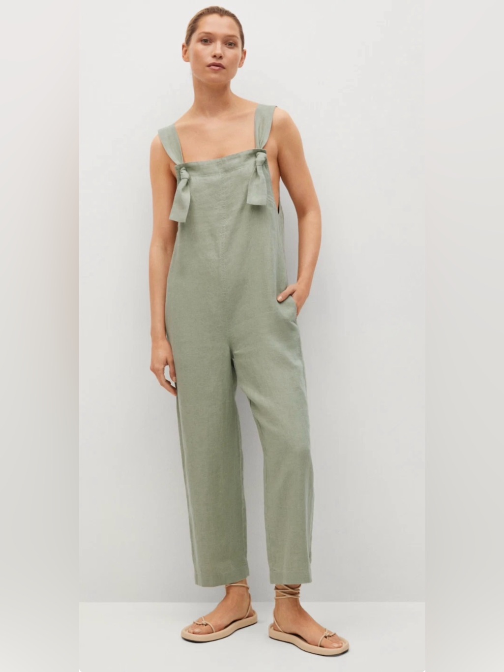 Mango Olive Green 100% Linen Jumpsuit Cropped Size S Euc Boho Resortwear Vaca